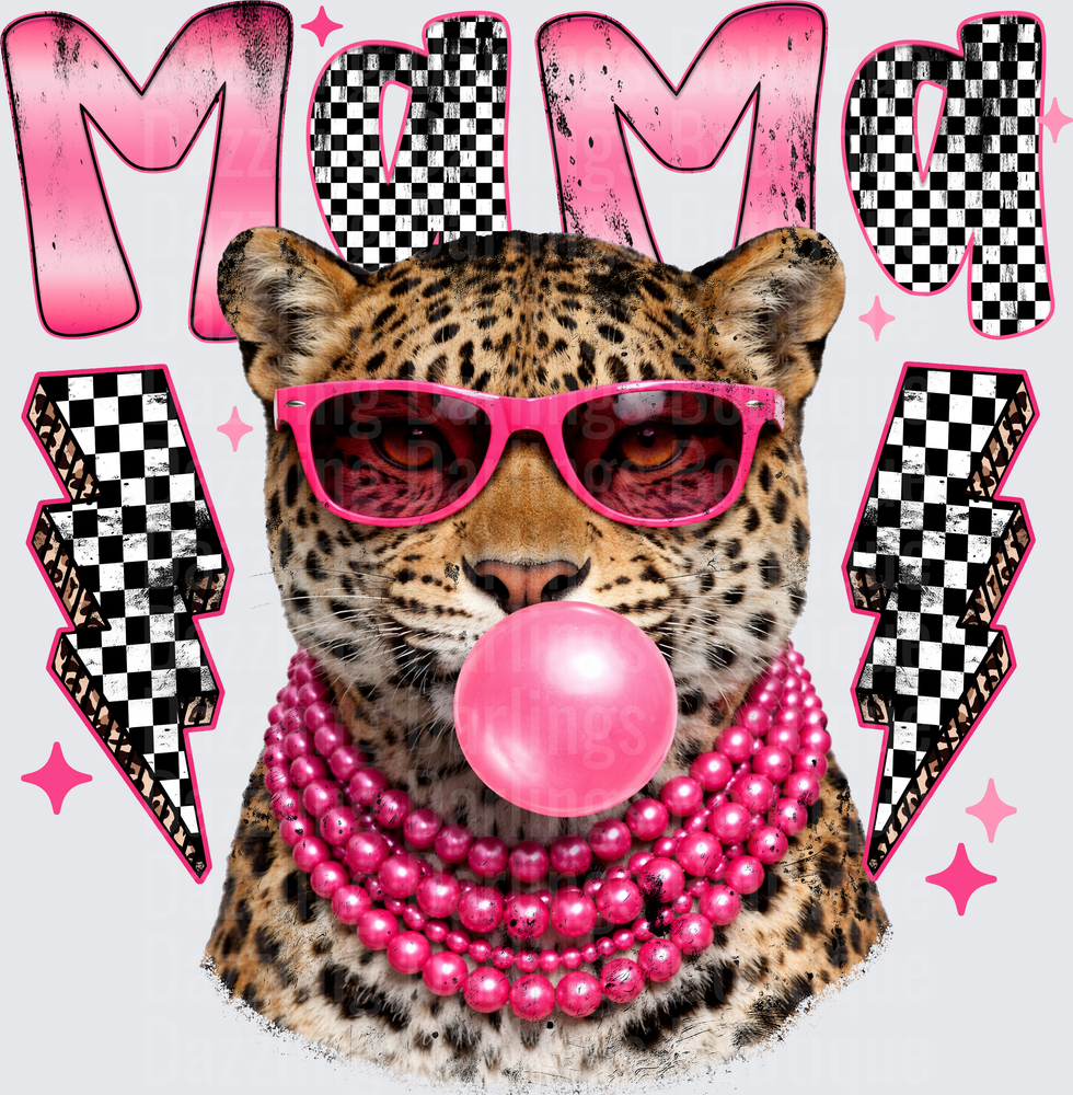 Leopard Mama Blowing Pink Bubble Gum with Checkered Lightning