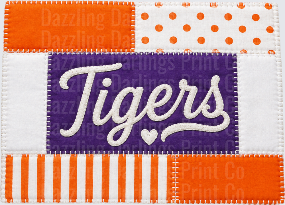 Tigers Patchwork Quilt Orange Purple Script Design