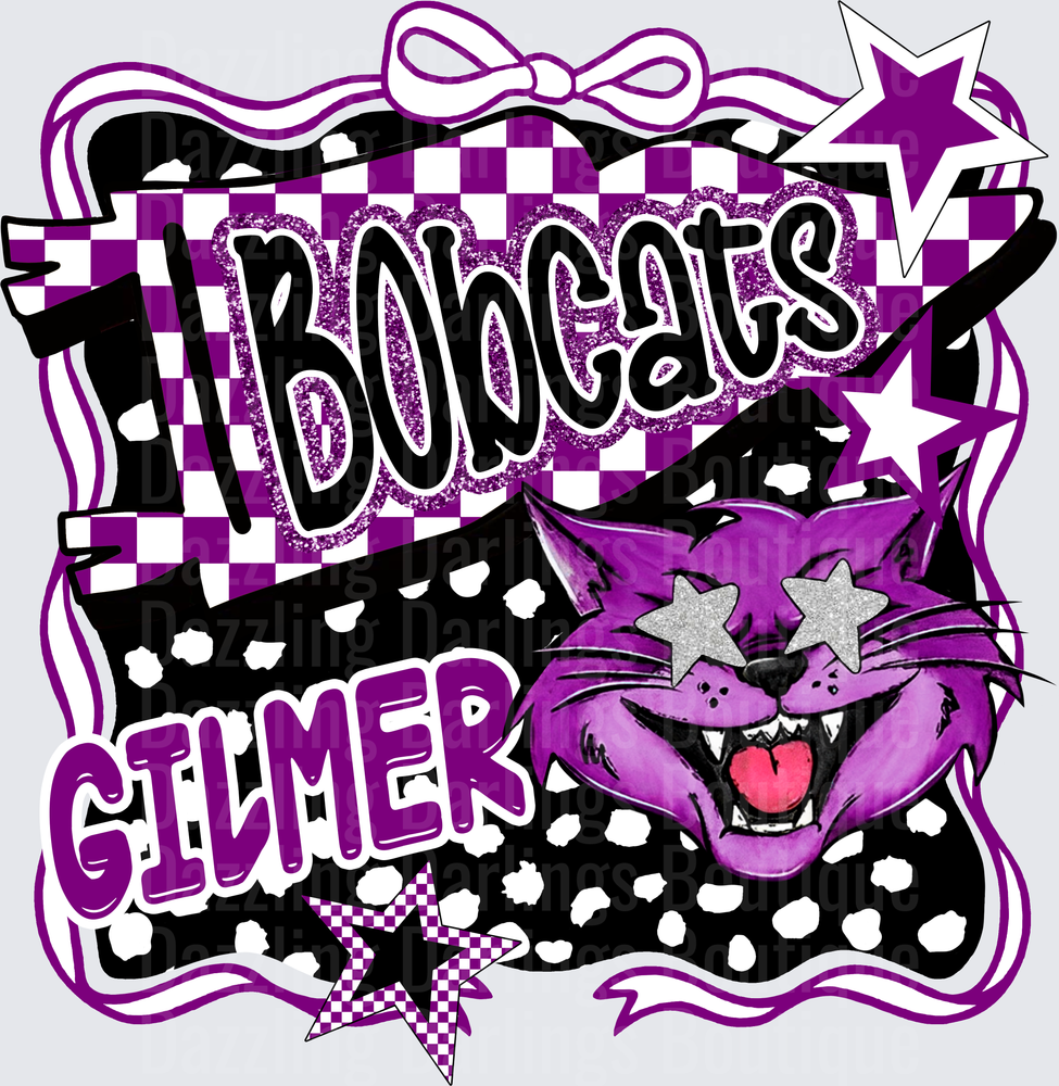 Gilmer Bobcats Purple Mascot Checkered Glitter Star Design