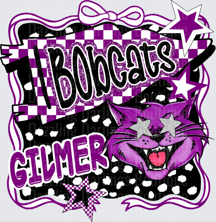 Gilmer Bobcats Purple Mascot Checkered Glitter Star Design