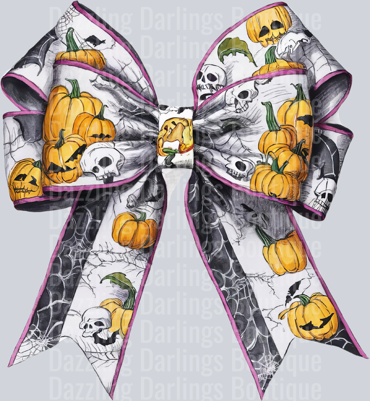 Halloween Fall Coquette Bow White Pink Edge Pumpkins