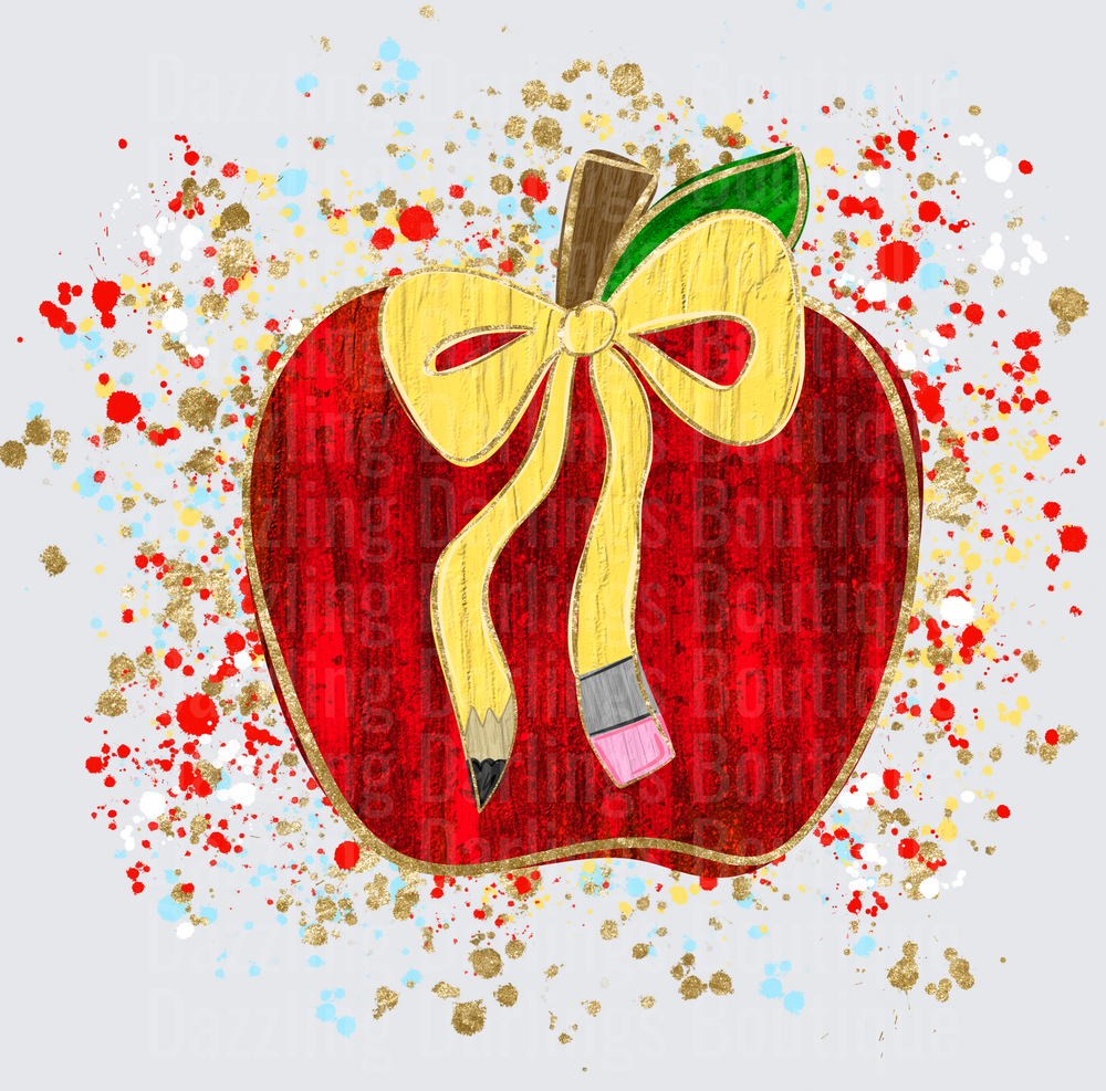 Red Apple Pencil Bow Teacher Gold Glitter Paint Splatter