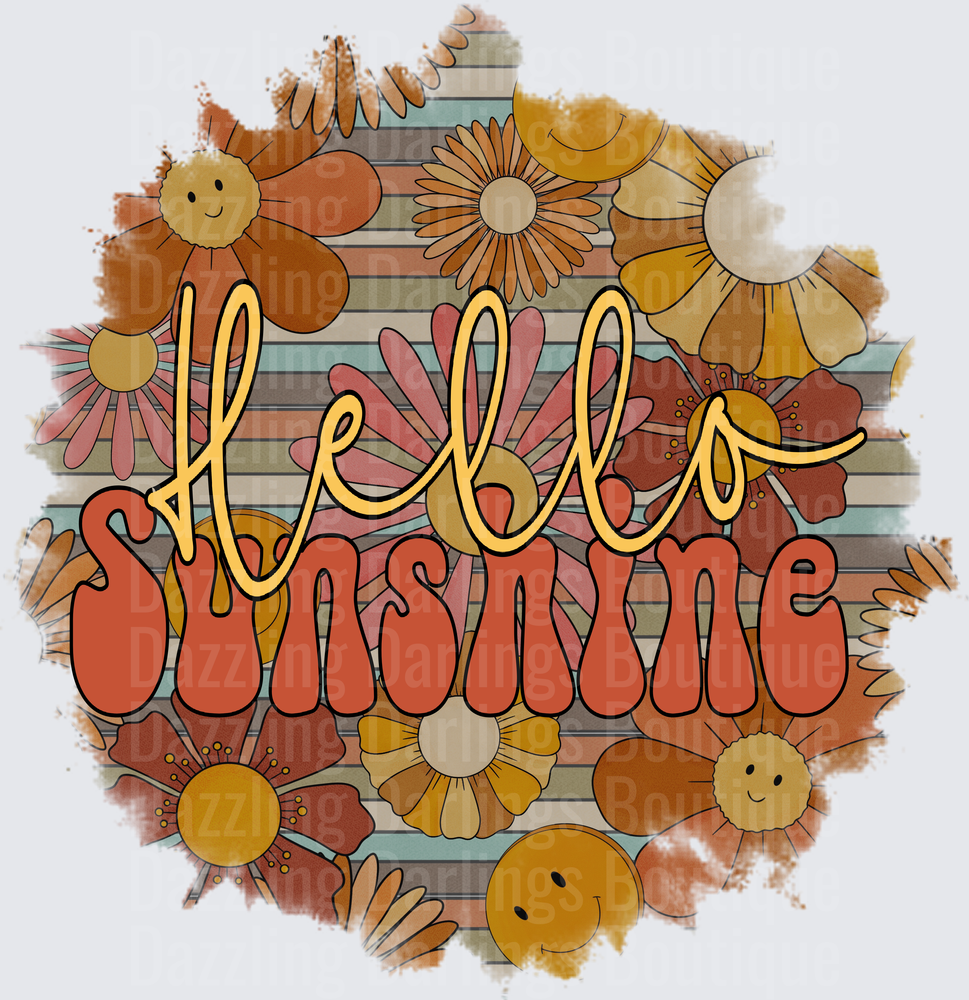 Hello Sunshine Retro Flowers with Smiley Faces on Wood Background