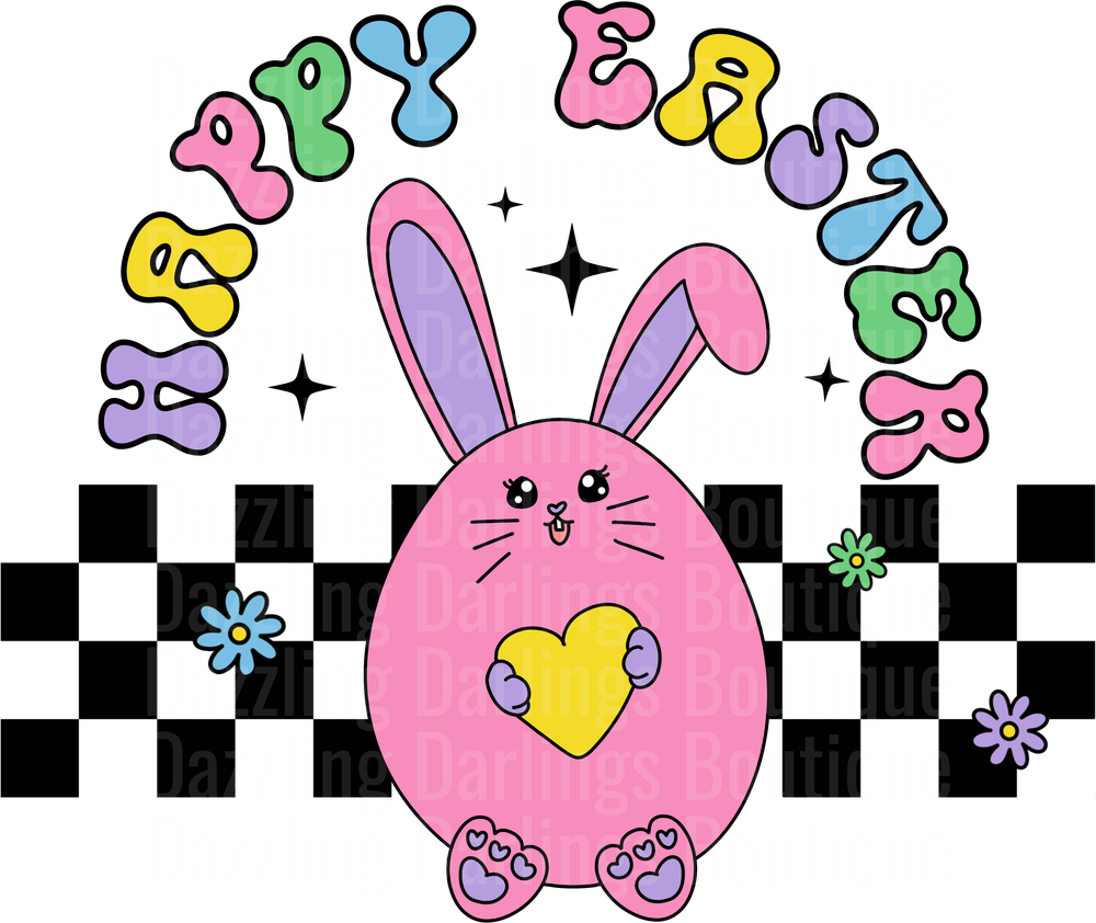 Groovy Easter Bunny with Retro Bubble Letters and Checkered Pattern