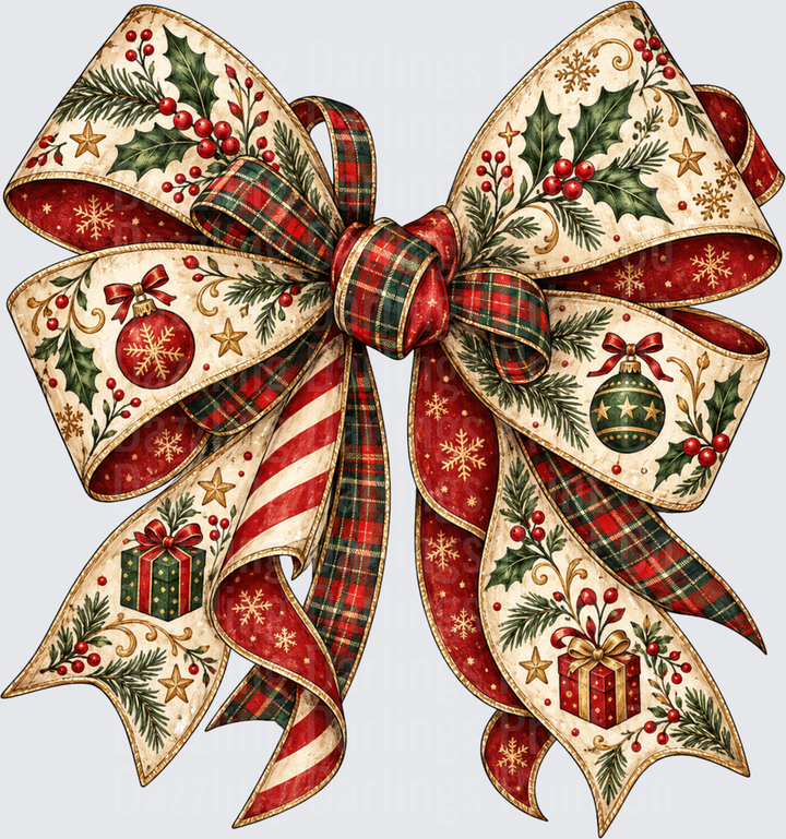 Christmas Bow Vintage Holly Plaid Ribbon Ornaments