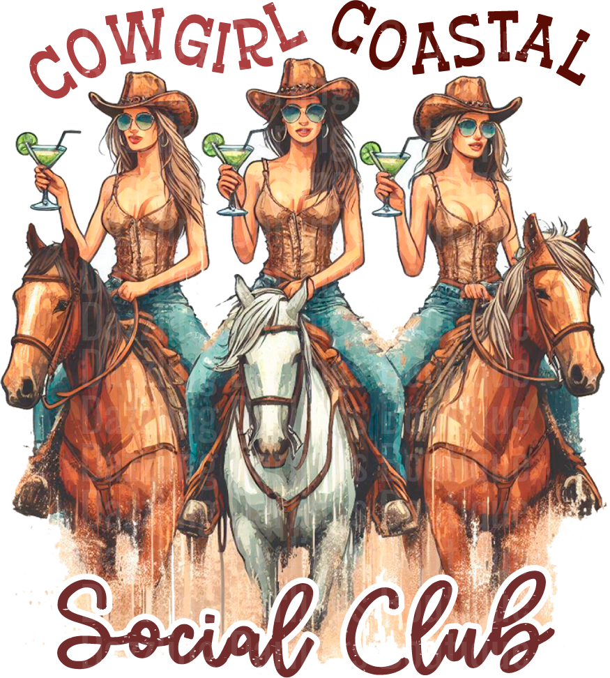 Cowgirl Coastal Social Club Three Western Ladies on Horseback with Margaritas