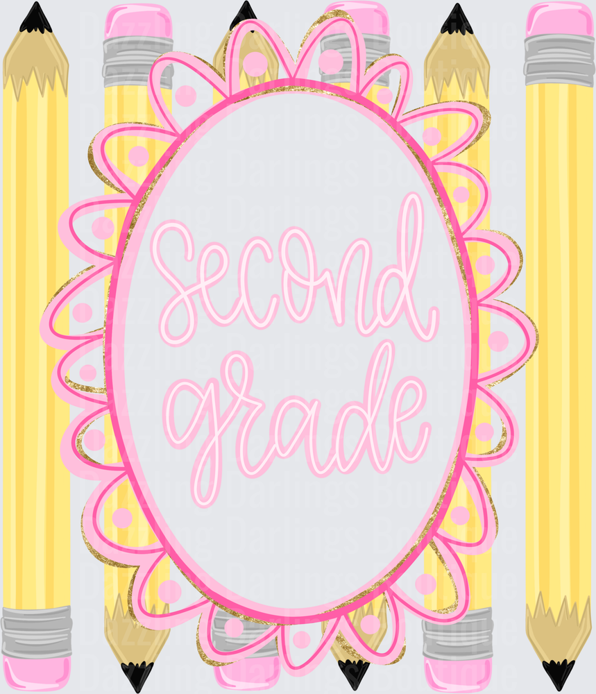 Second Grade Pink Floral Frame Yellow Pencils Design
