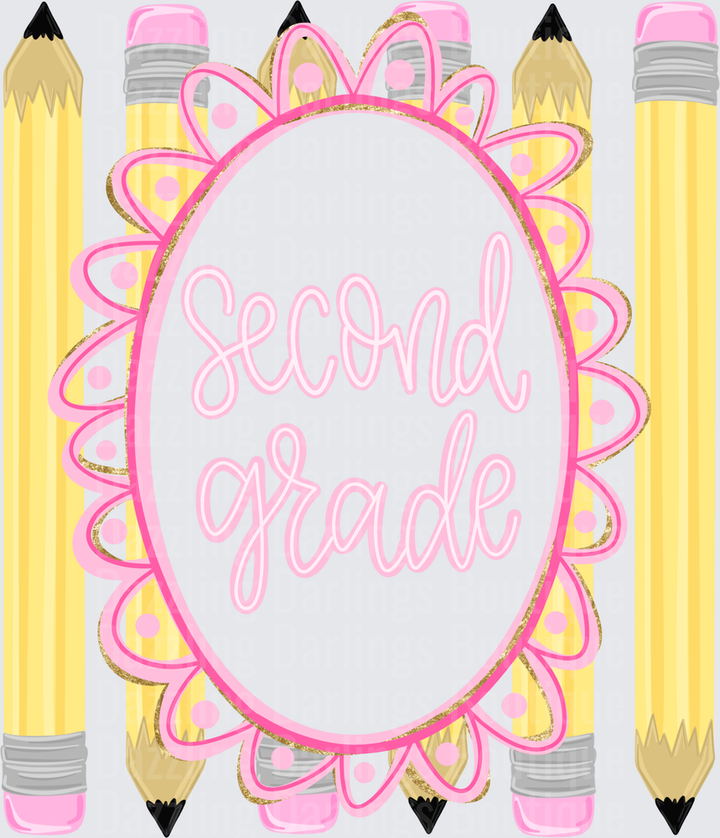 Second Grade Pink Floral Frame Yellow Pencils Design