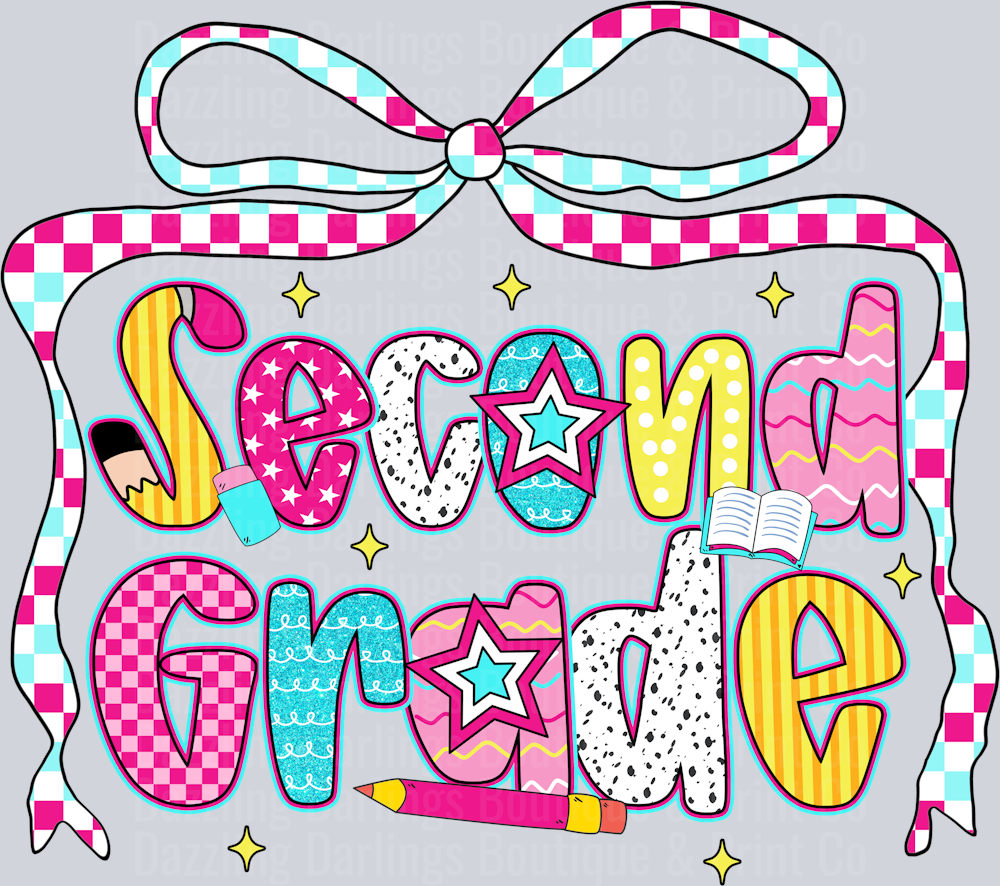 Back To School Second Grade Checkered Ribbon Bow Patterned Letters