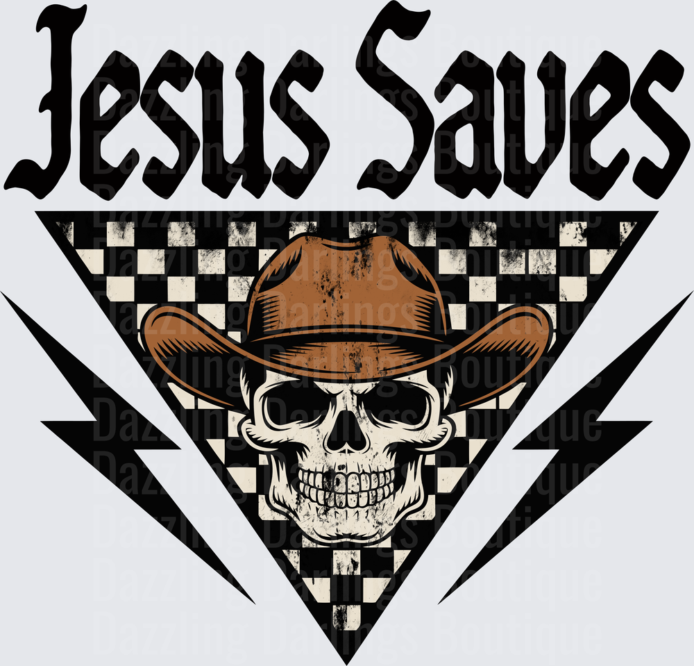 Jesus Saves Cowboy Skull with Lightning Bolts and Checkered Flag