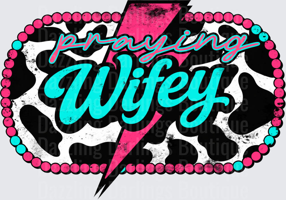 Praying Wifey Pink Lightning Bolt Cow Print Design
