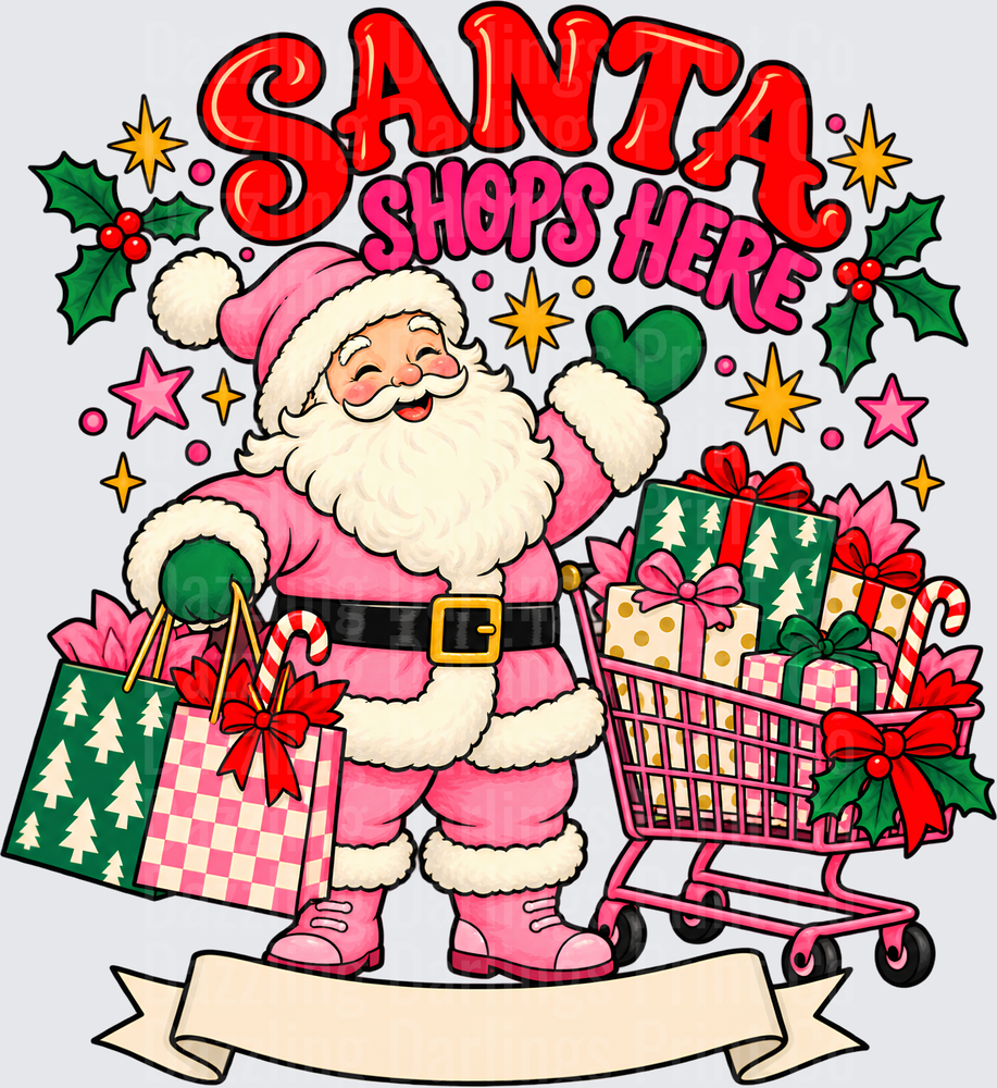Santa Shops Here Pink Santa With Cart and Gift Bags