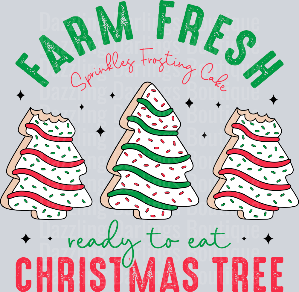 Farm Fresh Christmas Tree Cakes Green Red Bold Letters