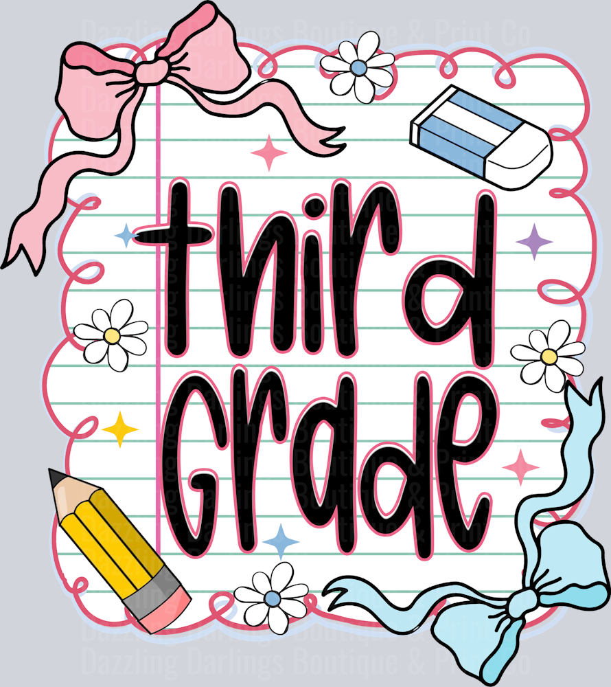 Back To School Transfer Third Grade Notebook Paper Pink Bow Pencil