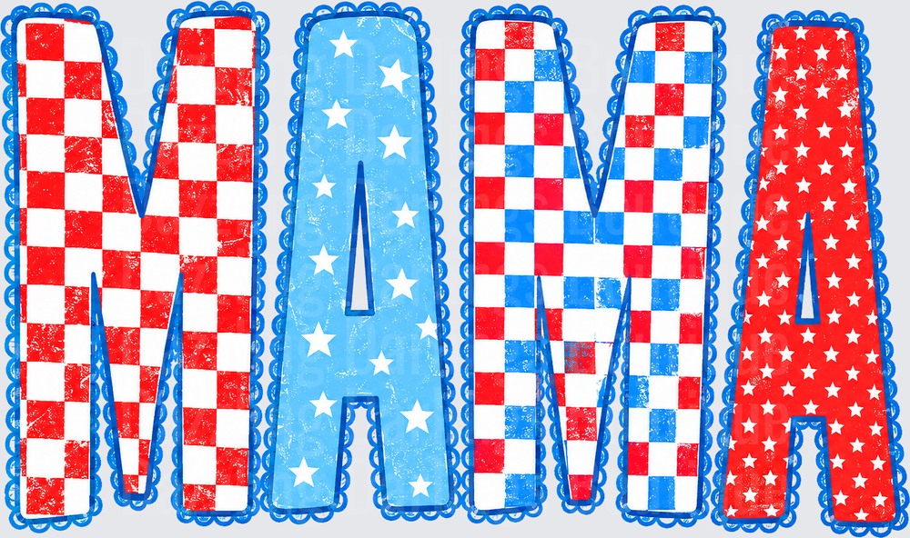 Patriotic MAMA Red White Blue Stars Checkered Block Letters