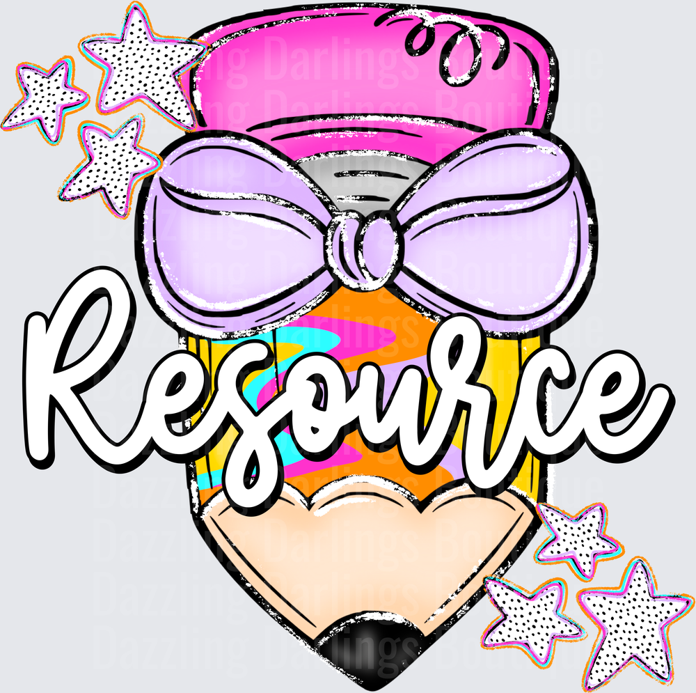 Resource Teacher Pencil with Purple Bow and Stars
