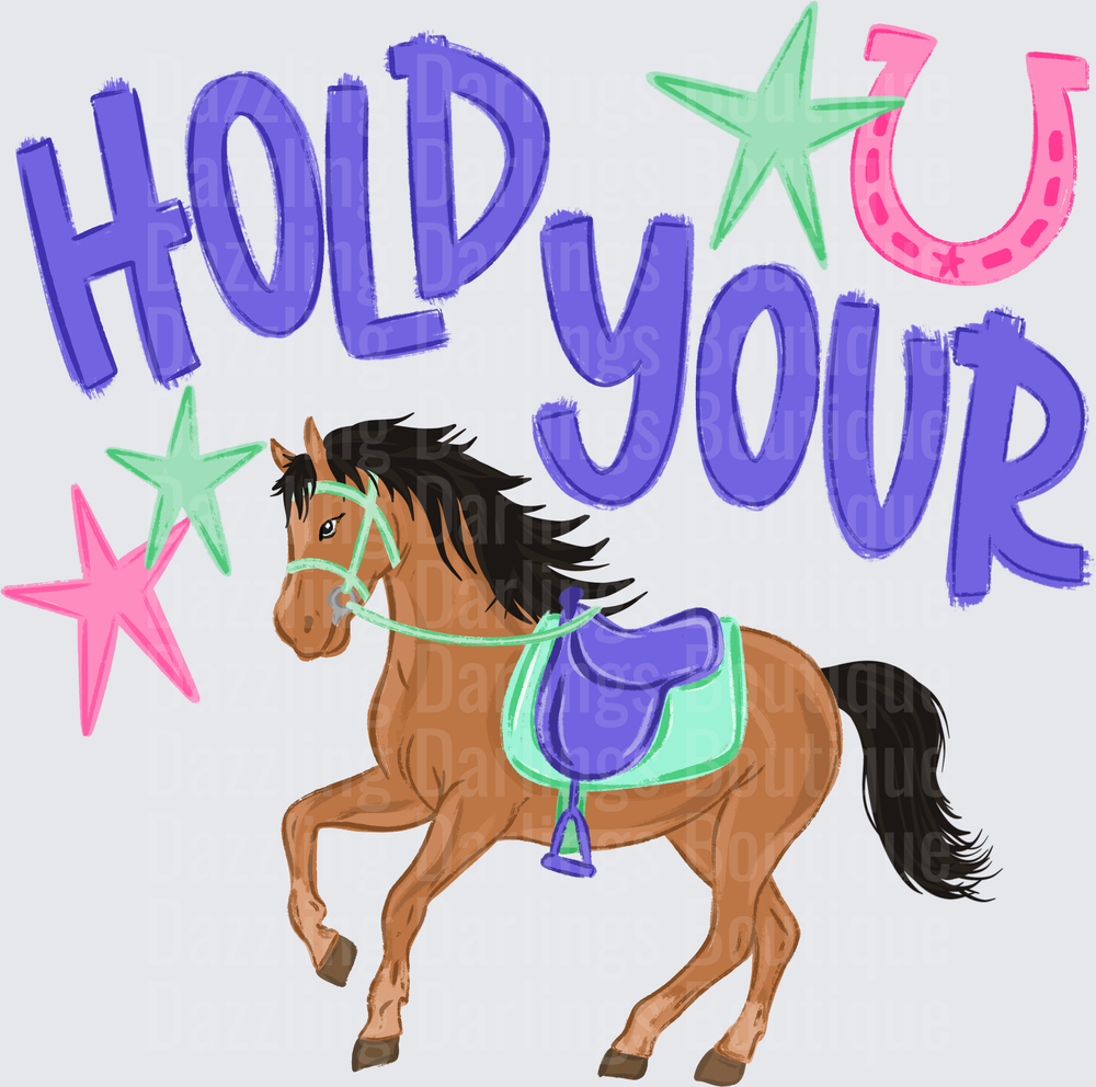Hold Your Horses Motivational Quote with Galloping Brown Horse and Stars