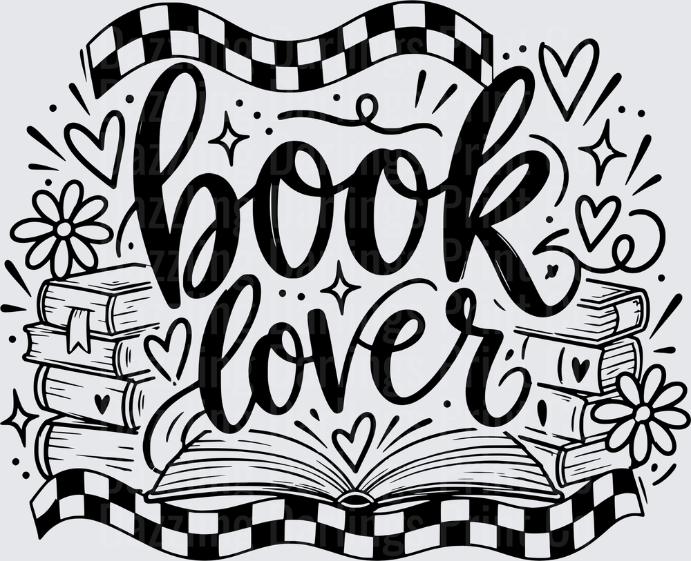 Book Lover Script with Stacked Books and Checkered Banner