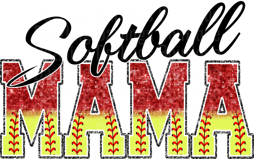 Softball Mama Red Glitter Baseball Stitches Design