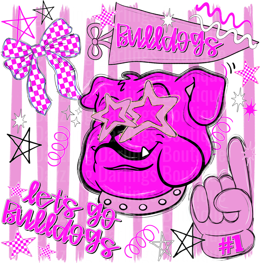 Pink Bulldogs Mascot with Star Sunglasses and Paw Print