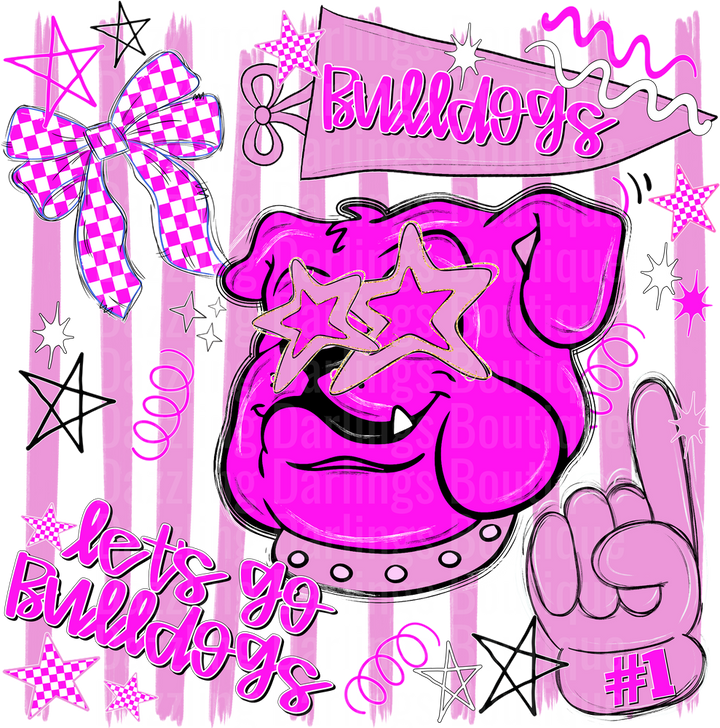 Pink Bulldogs Mascot with Star Sunglasses and Paw Print