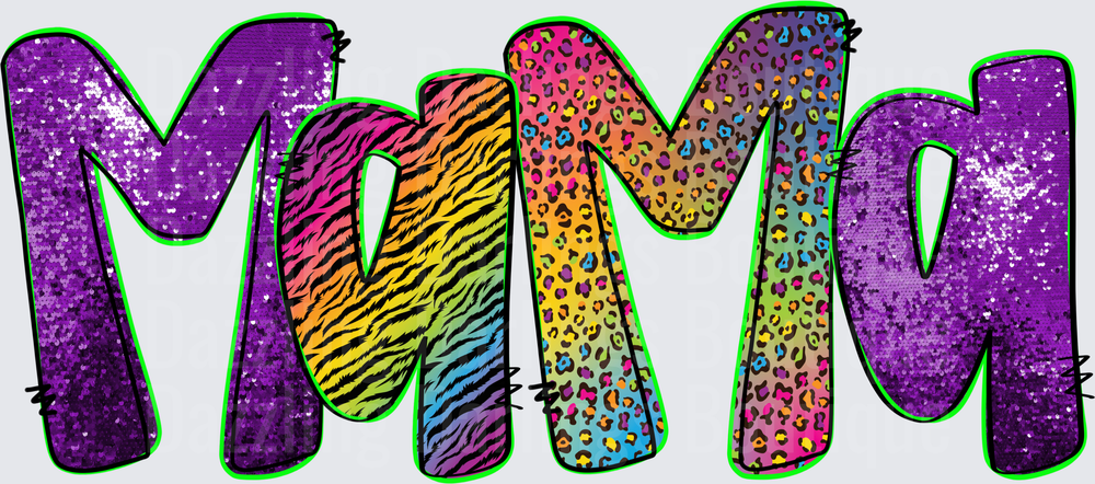 Colorful Rainbow MAMA Text with Animal Print and Glitter Effects