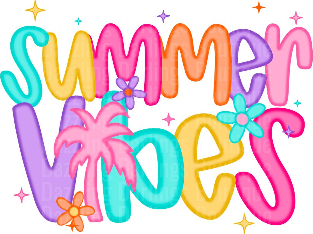 Summer Vibes Colorful 3D Letters with Palm Trees and Flowers