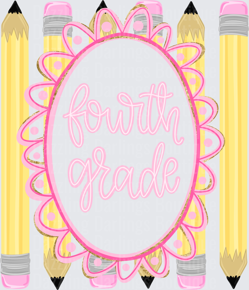 Fourth Grade Pink Floral Frame Yellow Pencils Teacher