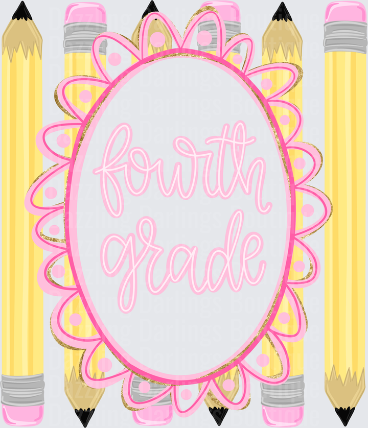 Fourth Grade Pink Floral Frame Yellow Pencils Teacher