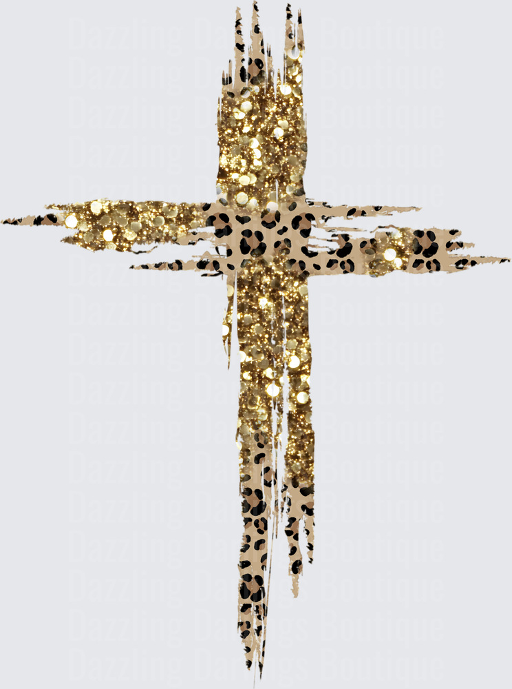Leopard Print Cross with Gold Glitter Distressed Design