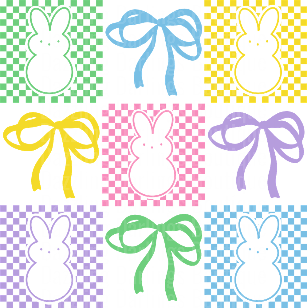 Easter Bunny Outlines with Colorful Ribbon Bows Checkered Pattern
