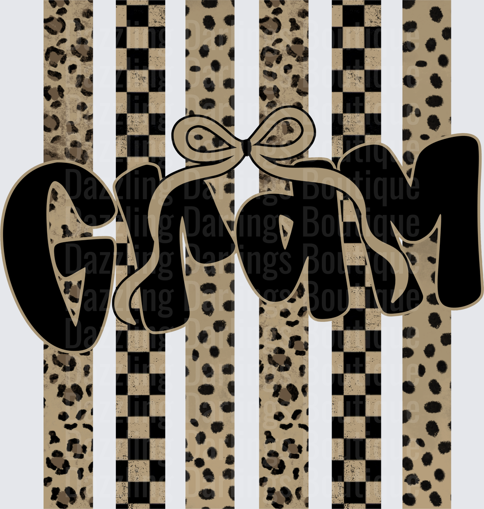GLAM Text with Bow on Leopard Print and Checkered Stripes