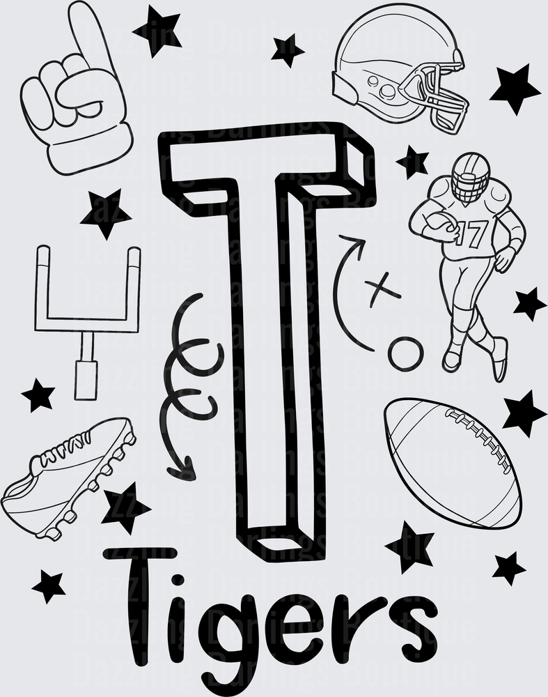 Tigers Football Letter T Coloring Style Design with Stars
