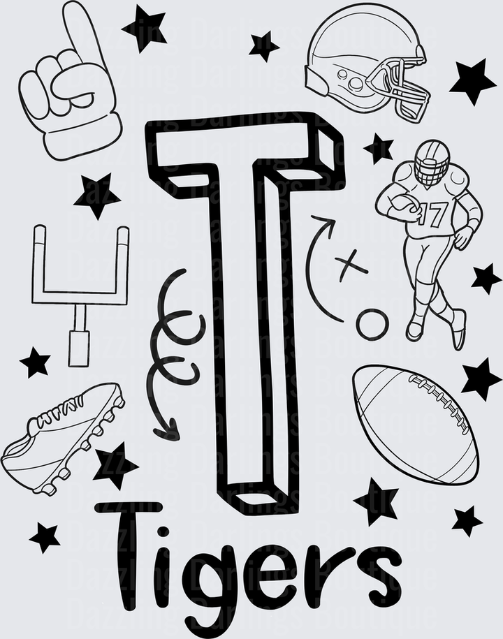 Tigers Football Letter T Coloring Style Design with Stars
