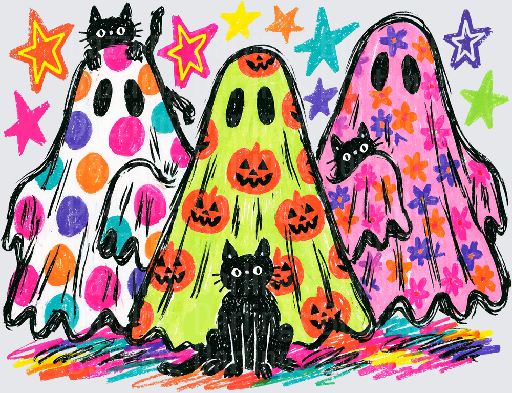 Retro Halloween Ghosts Black Cats Colorful Stars Crayon Art