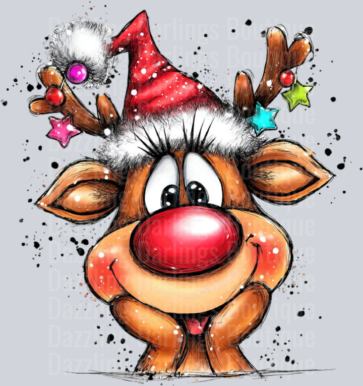 Hand-drawn Christmas Reindeer Santa Hat Colorful Stars