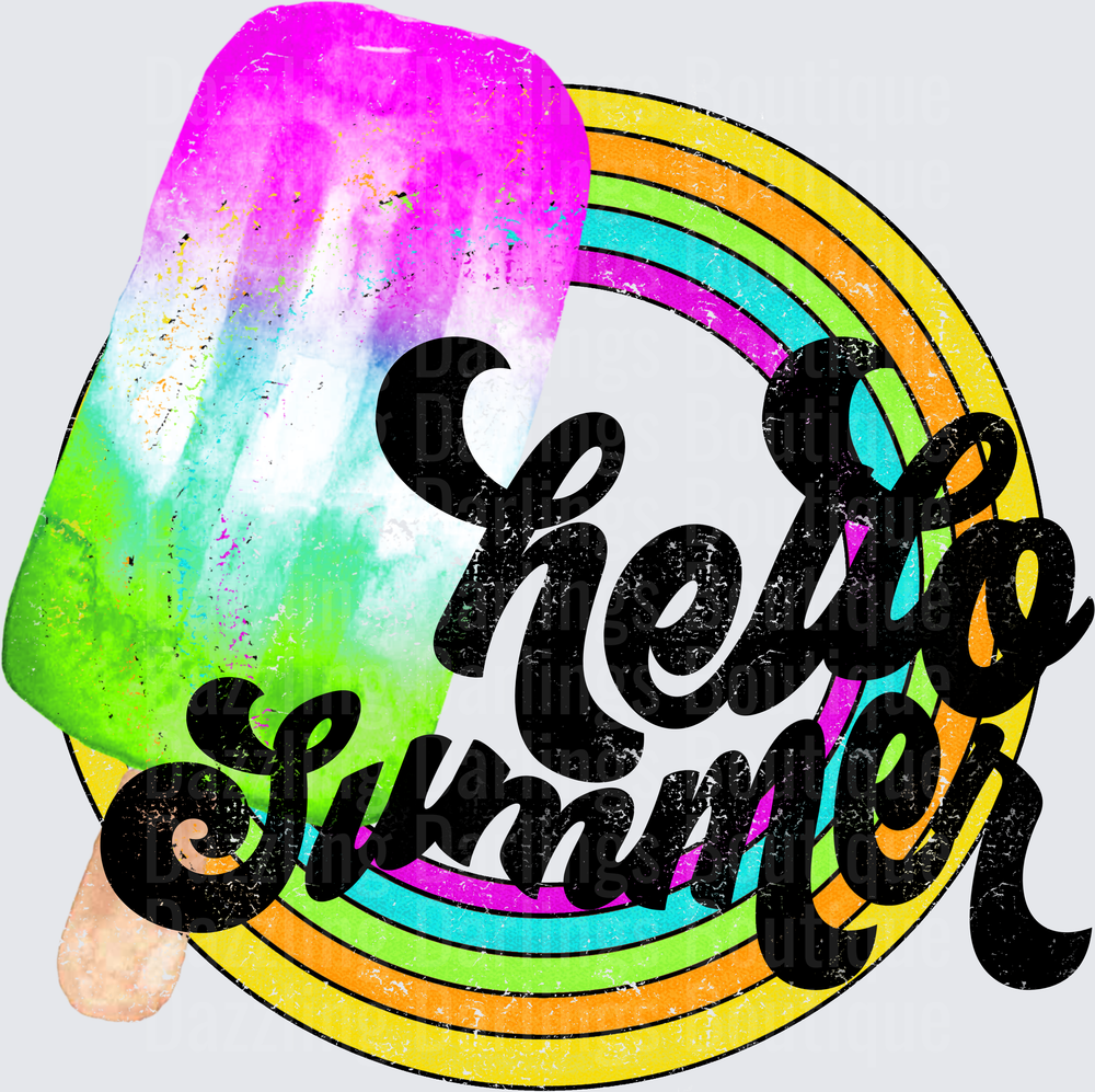 Hello Summer Rainbow Popsicle Distressed Typography Design