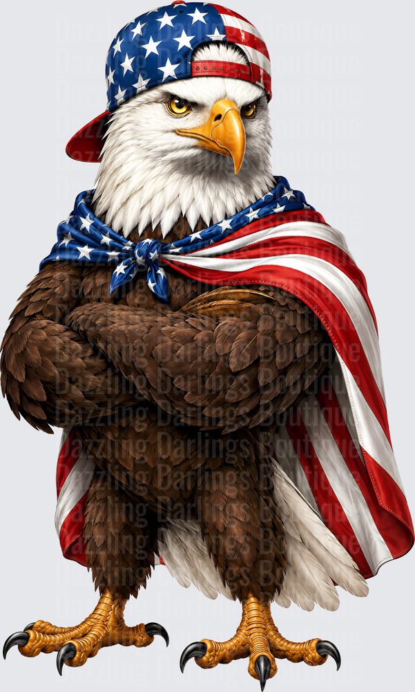 Patriotic Bald Eagle Wearing American Flag Baseball Cap and Cape