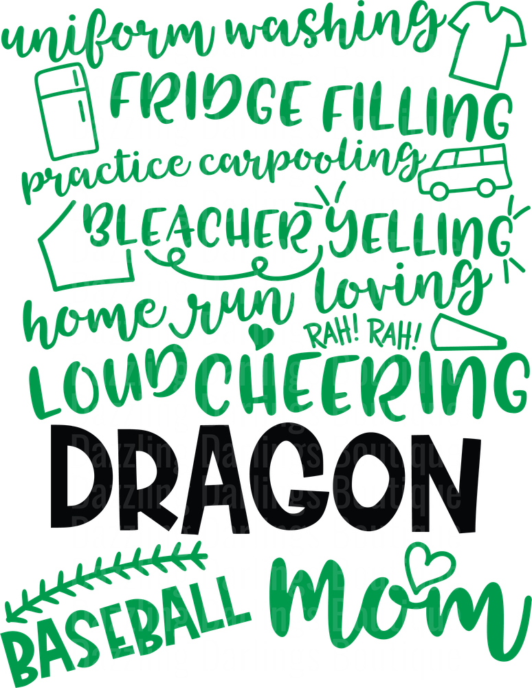 Baseball Mom Word Cloud with Dragon Team Reference