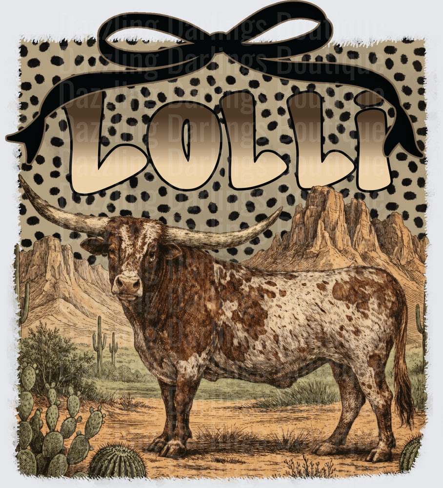 Longhorn Bull with Black Bow Leopard Print Border Desert Scene