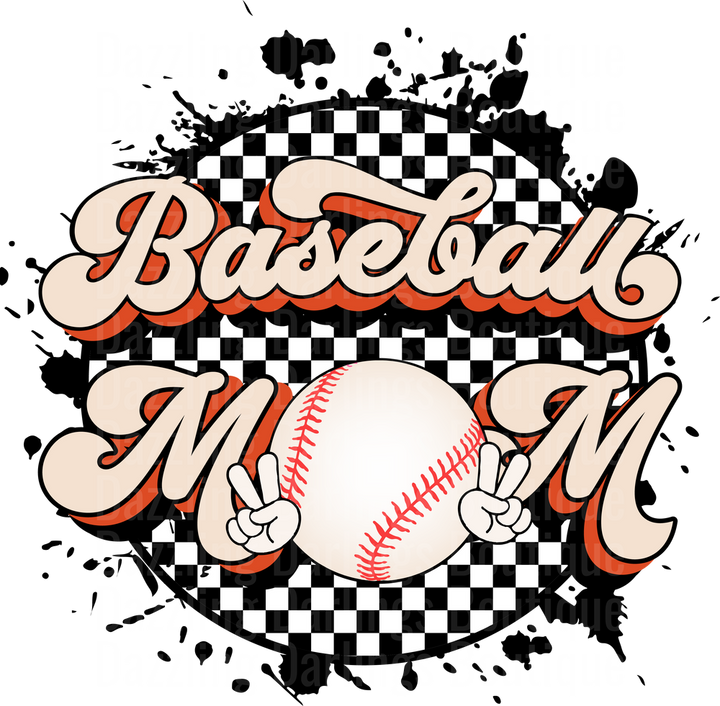 Baseball Mom Peace Sign Checkered Flag Grunge Design