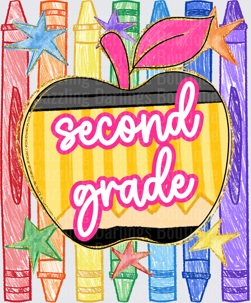 Second Grade Pencil Apple Rainbow Crayons Gold Stars