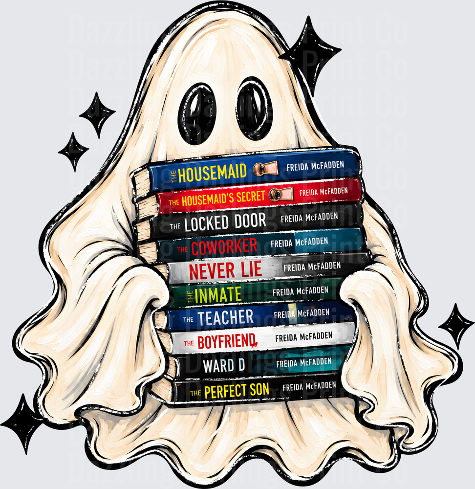 Cute Ghost Hugging Freida McFadden Book Stack