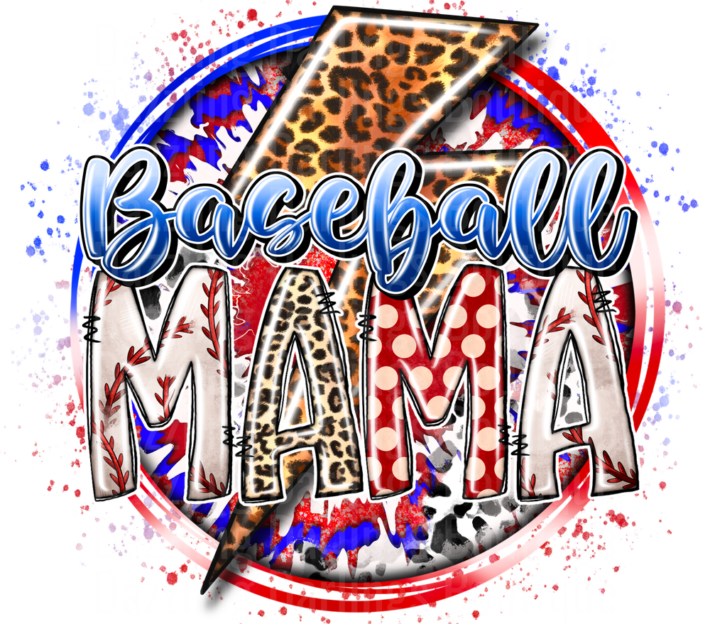 Baseball Mama with Leopard Print and Red White Blue Paint Splatter