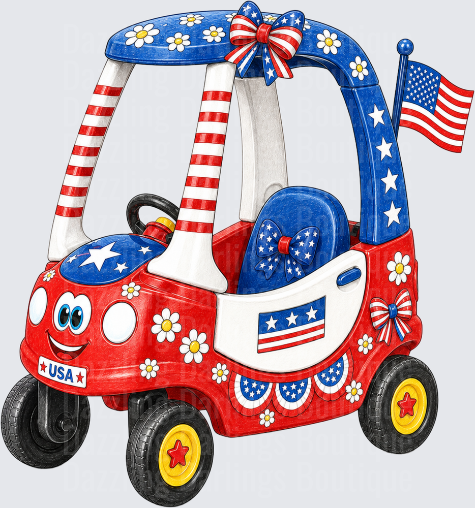 Patriotic Little Tikes Cozy Coupe with American Flag Design and Daisies