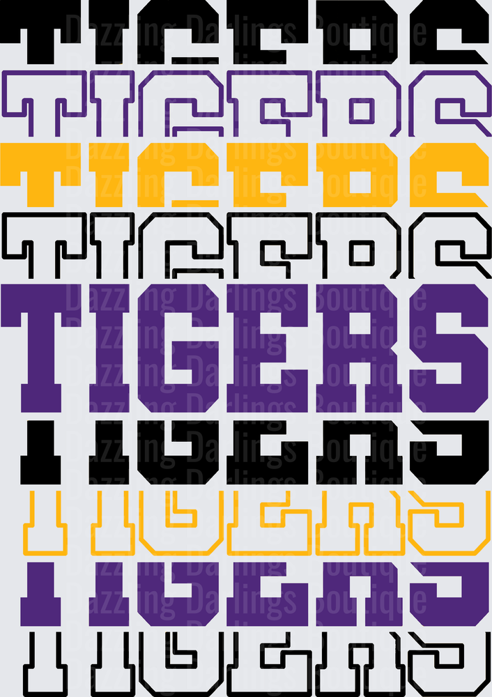 Tigers Word Repeat Stack Purple Gold Black College Colors