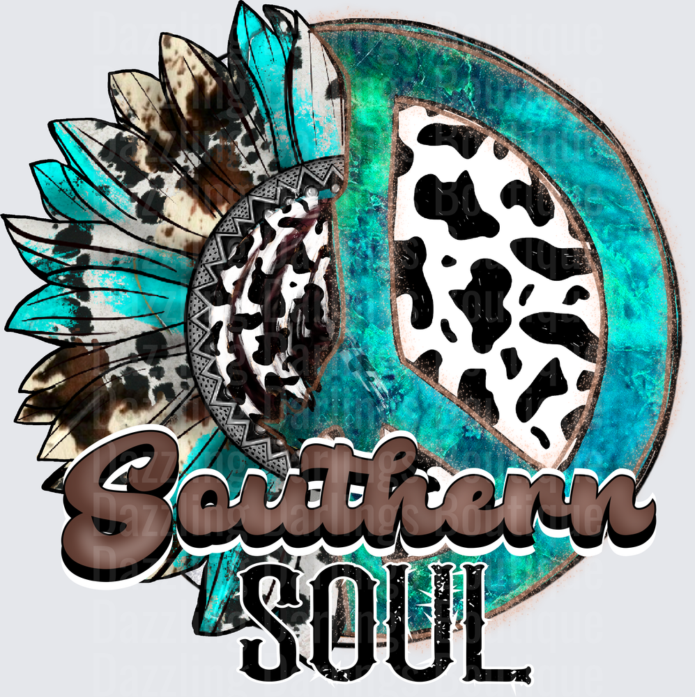 Southern Soul Turquoise Sunflower with Cow Print and Feathers