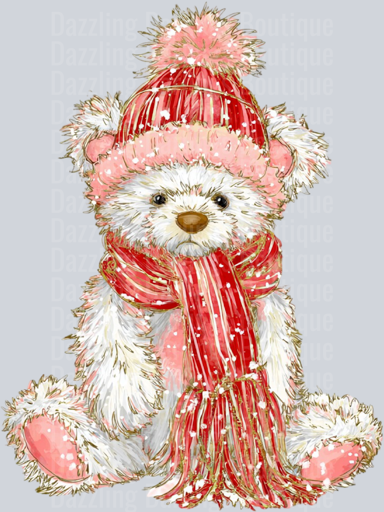 Christmas Teddy Bear Pink Pom Beanie Sitting
