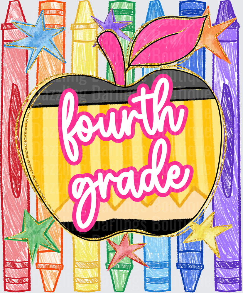 Fourth Grade Pencil Apple Rainbow Crayons Stars Design