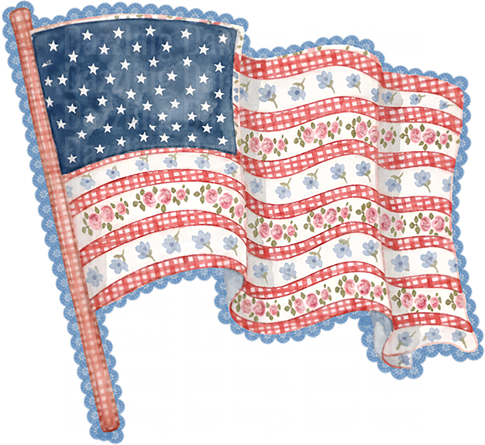 Vintage Floral Patchwork American Flag with Gingham and Lace Border